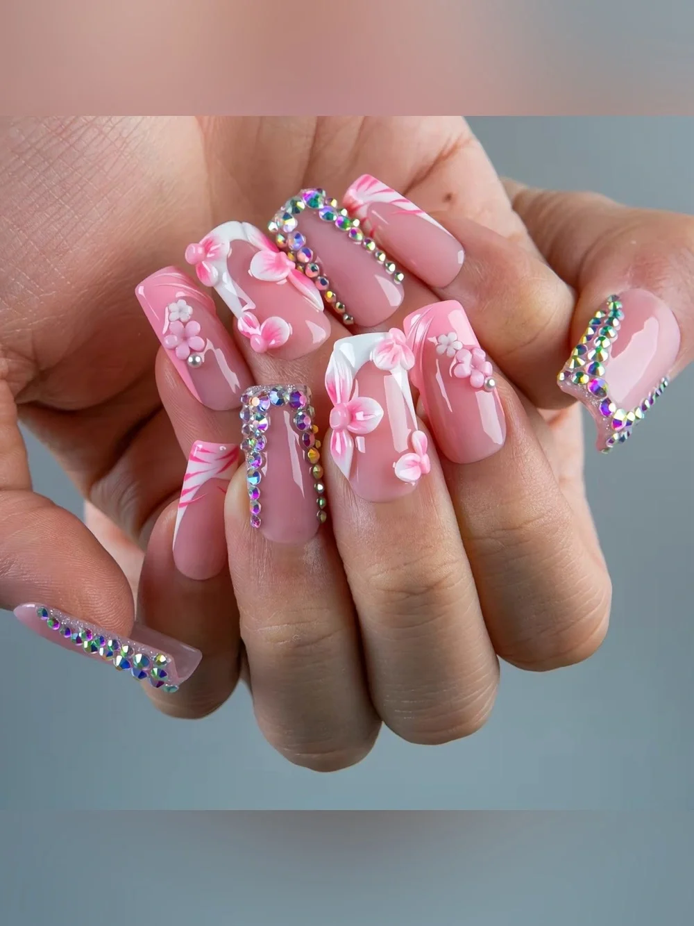 Pink Floral Press-On Nail Set with Rhinestones by Lovful
